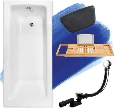 Produktbild von BADLAND Eckbadewanne Rechteck Badewanne TALIA 110x70 mit Ablaufgarnitur und Füßen + Kopfstütze KODI + Bambus Ablage | BADLAND TALIA