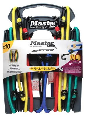 Produktbild von MASTER LOCK Gummi-Spannseile mit Haken [Set mit 10 Spannseilen] [2 * 25 cm + 2 * 45 cm + 2 * 60 cm + 2 * 80 cm + 2 * 100 cm] [Doppelter Invershaken] 3043EURDAT - Ideal zum Transportieren, Verpacken und Sichern von Lasten