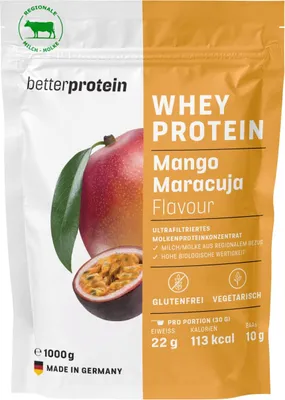 Produktbild von Whey Protein - Mango Maracuja 1 kg - Produziert in Deutschland aus regionaler Milch - Eiweißpulver zum Muskelaufbau und Abnehmen