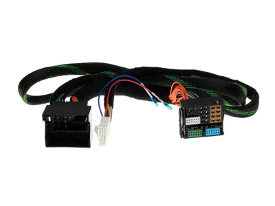 A car wiring harness with two connectors and a braided cable.
