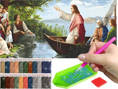 Zdjęcie produktu dla Haft diamentowy ARTULIO – Jezus nauczający nad jeziorem – 80 × 40 cm – Diamond painting, Kompletny zestaw: mozaika + akcesoria