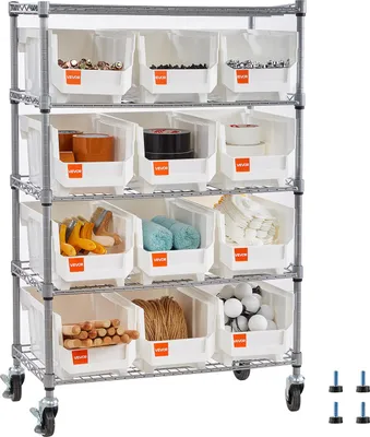 Obrázok produktu pre Podlahový regál VEVOR, úložný regál s 5 úrovňami a 12 odkladacími boxmi, regálový systém s kolieskami, mobilný sklad náradia pre garáž, sklad, kanceláriu, reštauráciu, učebňu, kuchyňu