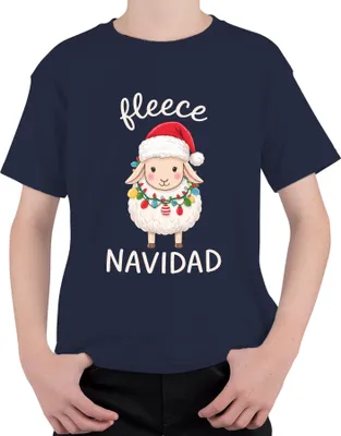 Produktbild von fleece NAVIDAD niedliches Schaf Weihnachten Lichterkette Santa Uni Kinder T-Shirt, Navy, 116