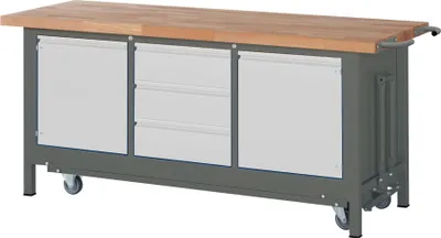 Produktbild von STIER Werkbank Premium mit abs. Fahrgestell, 3 Schubladen und 2 Flügeltüren BxTxH 2000x700x880mm