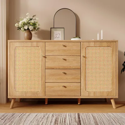 Produktbild von Flieks Kommode Schubladenkommode mit 4 Schubladen und 2 Türen, Rattan Sideboard Wohnzimmerschrank mit verstellbaren Einlegeböden, Hell Oak