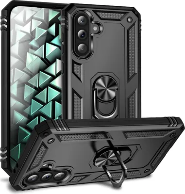 Multiple views of a black smartphone case with a metal ring.