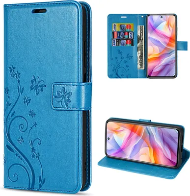 Collage of a blue flip phone case with floral and butterfly embossing, showing the case open with cards and cash, and the case in a stand position.
