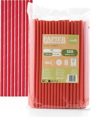 Produktbild von Trinkhalme in rot aus Papier, Ø 8 mm / 23 cm, 150 Stück verpackt im Folienbeutel - Mank