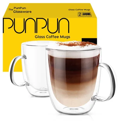 2er-Set doppelwandige Glaskaffeebecher 500 ml, durchsichtig