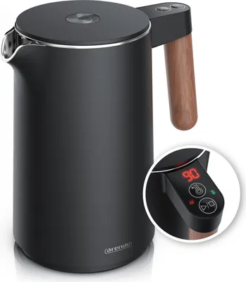 A black electric kettle with a wood-effect handle is shown against a white background. A circular inset highlights the control panel with a digital temperature display.