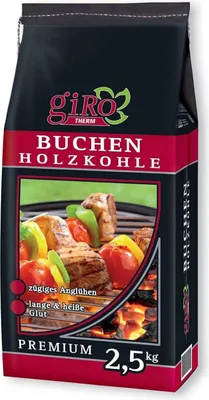 A bag of charcoal for grilling, with an image of food on a grill.