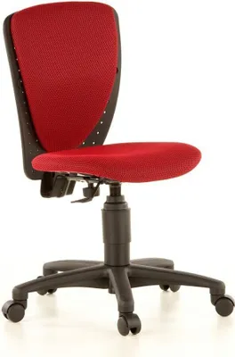 A red and black office chair with a white background.