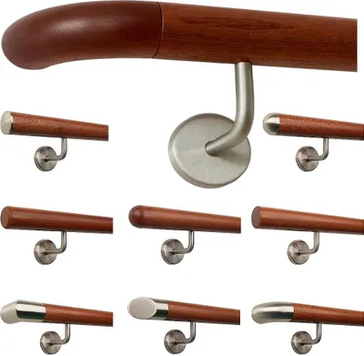 Produktbild von TIBU Mahagoni Holz Handlauf Geländer 0,3m - 5m, Länge 210 cm, Ende Holzkrümmling und 3 gewinkelte Halter