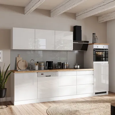 Produktbild von Küchenzeile 300 cm, inkl. E-Geräte, in Hochglanz weiß, Arbeitsplatte Eiche MARSEILLE-03