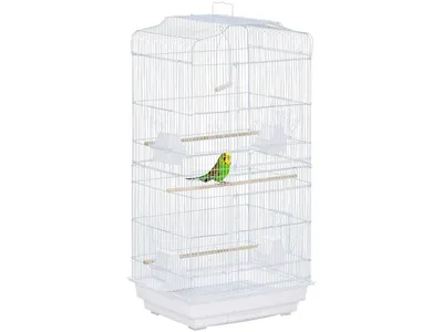Produktbild von PawHut Vogelkäfig, Metallvoliere mit Türen, 4 Futterhäuschen, 3 Schaukelsitzstangen, abnehmbares Tablett und Tragegriff für Papageien, Kanariensittiche, 46,5 x 35,5 x 92 cm, Weiß