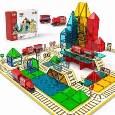 Productafbeelding van Magnetische bouwstenen treinset, Montessori speelgoed, 112 stuks, magnetische tegels voor kinderen, magnetische bouwstenen, trein constructiespeelgoed, geschikt vanaf 3 jaar, merken: Magna, Olvy