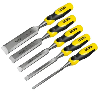 Zdjęcie produktu dla Stanley 2-16-885, Zestaw dłut, Ścięta krawędź, Stal niestopowa, Czarny, Żółty, Ergonomiczny, Miękki uchwyt, 6,12,18,25,32 mm