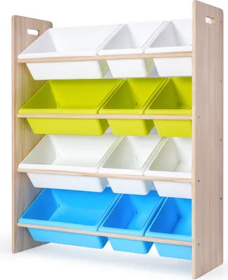 Produktbild von WonderMind© Montessori Kinderregal und Spielzeug-Organizer aus Holz - B85 x T30 x H103 cm - 12 Spielzeugkisten - Farbe: Grün & Blau