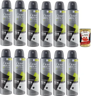 Produktbild von Dove Men+care advanced Invisible Fresh Anti-Perspirant, Deo für Männer,mit 1/4 Feuchtigkeitscreme, hautfreundliche Formel, 72 Stunden, 12x 150ml + Italian Gourmet polpa 400g