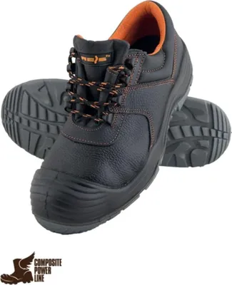 A pair of black work shoes with orange accents, presented on a white background.