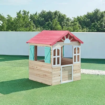 Produktbild von Kinderspielhaus Lulä Spielhütte für Kinder ab 3 Jahren 130 x 115 x 100 cm Holz Spielhaus im Freien mit Schrägdach, Fenster, Tür und Fensterläden
