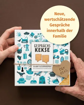 Produktbild von Gesprächskekse – Tolles Mitbringsel für Mama, Papa und Familienfest – Spannende Gespräche in der (Wahl-)Familie – Fragen zu Kindheit, Heute & Zukunft