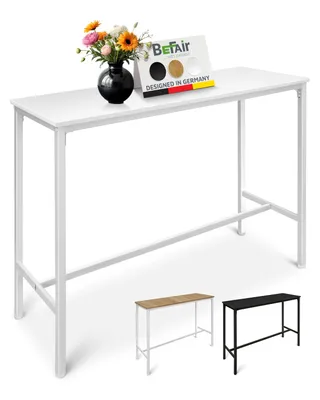 A white bar table with a vase of flowers and a sample card on top, with smaller images of a wood-toned and a black bar table below.