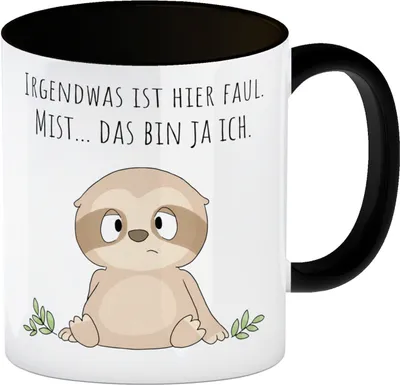 Produktbild von Faultier Kaffeebecher in schwarz mit Spruch Ich bin faul