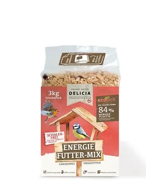 A bag of bird food with illustrations of birds and a bird feeder.