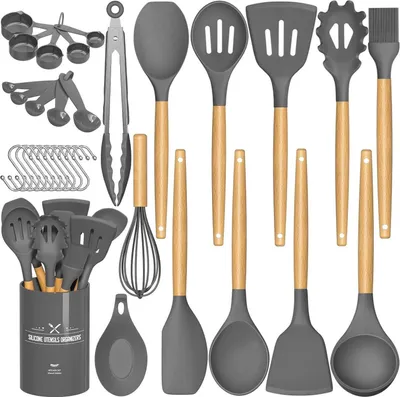 Produktbild von Küchenutensilien-Set, antihaftbeschichtet, Silikon, Holzgriff, hitzebeständig, 24-teilig