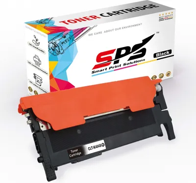A black toner cartridge with an orange protective cover, placed in front of its packaging box.