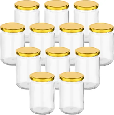 Immagine prodotto di set di 12 barattoli da conserva 350 ml rotondi con tappo a vite color oro - barattoli da conserva con tappo a vite - barattoli a vite per la conservazione e lo stoccaggio
