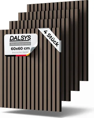 Produktbild von Dalsys 4x Akustikpaneele Holz 60x60cm mit Lamellen Walnuss - Wandpaneele Holz für Schallschutz in Büro- & Wohnräumen - Akustik Paneele Wand - 3D Wandverkleidung innen - Holzpaneele Wand