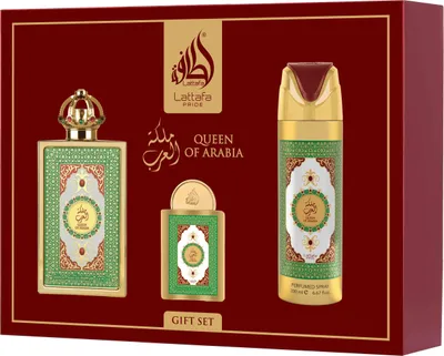 A gift set of Lattafa Queen of Arabia perfume and deodorant.
