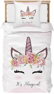 Produktbild von Unyqoos verzauberte Kinderbettwäsche® mit Einhorn und Blumen für Mädchen, weiches Mikrofaser-Set aus zwei Teilen