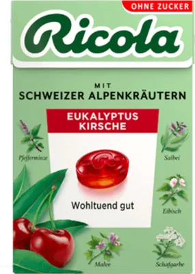 Produktbild von Ricola Eukalyptus Cherry so švajčiarskymi alpskými bylinkami bez cukru 50g