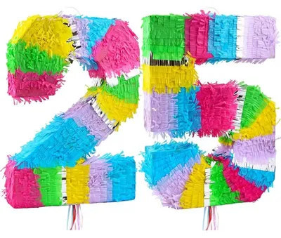 Produktbild von 2 Piñatas Zahl 25 bunt pastell, 50 cm hoch, 35 cm breit, 7,5 cm tief