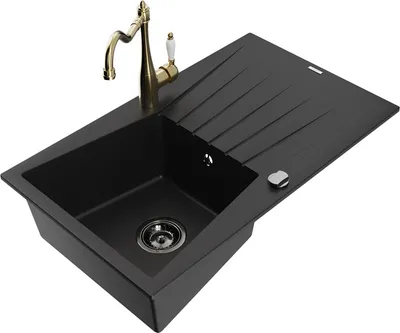 Produktbild von Mexen Cesar 1 Becken-Granitspüle mit Abtropffläche und Mischbatterie Carla, Schwarz - 6514-77-670700-50-B