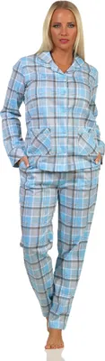 Produktbild von Damen Pyjama Schlafanzug langarm in Karopotik zum durchknöpfen in Single Jersey Qualität ; hellblau , 40