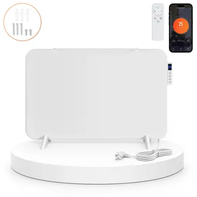 Image de Panneau de chauffage infrarouge Eikuavons de 450W, avec contrôle via application, écran tactile, minuterie et porte-serviettes, de couleur blanche