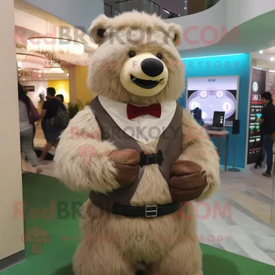 Produktbild von Beigefarbener REDBROKOLY Faultier-Bär Maskottchen Kostüm gekleidet mit Weste und Smartwatches