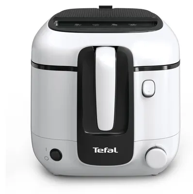 A white and black Tefal deep fryer is shown from the front against a white background.