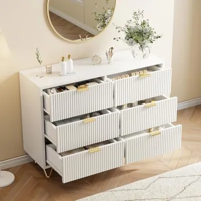 Image de Boîte de rangement - 6 tiroirs - Design cannelé blanc - Compacte, en MDF avec des détails en bois
