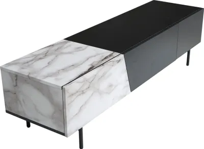 Productafbeelding van WOHNLING Dressoir zwart met marmerlook in wit, 150x40x40 cm. Moderne TV-kast, laag dressoir, tv-tafel, tv-meubel met deuren en lade