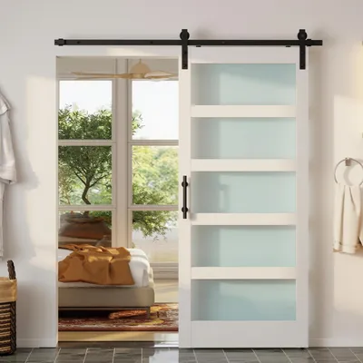Imagen del producto de Puerta Corredera Interior 91x213 cm con Kit de Montaje, MDF y Vidrio Esmerilado, Riel y Herrajes, Blanco