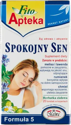 A box of herbal tea for sleep, featuring an image of a sleeping woman and floral elements.
