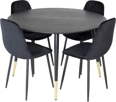 Produktbild von DippØ115BLBR Essgruppe Esstisch schwarz und 4 Polar Diamond Esszimmerstühle Velour schwarz.