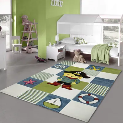 Produktbild von Kinderteppich Spielteppich Kinderzimmerteppich Pirat in türkis grün creme Größe - 140 x 200 cm