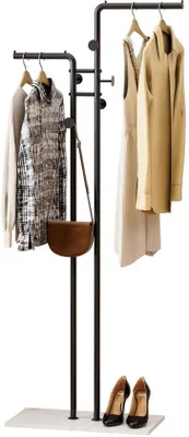 Produktbild von Ibenzoa® Schwarzer Metall-Garderobenständer 170 cm – freistehende Garderobe mit 5 Haken, doppelten Haken & Schuhablage für Flur, Büro, Hotel