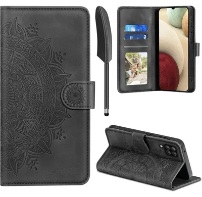 Productafbeelding van Beschermhoes voor Samsung Galaxy A12/M12, gemaakt van kunstleer, flip case met kaarthouder en standaard, zwart